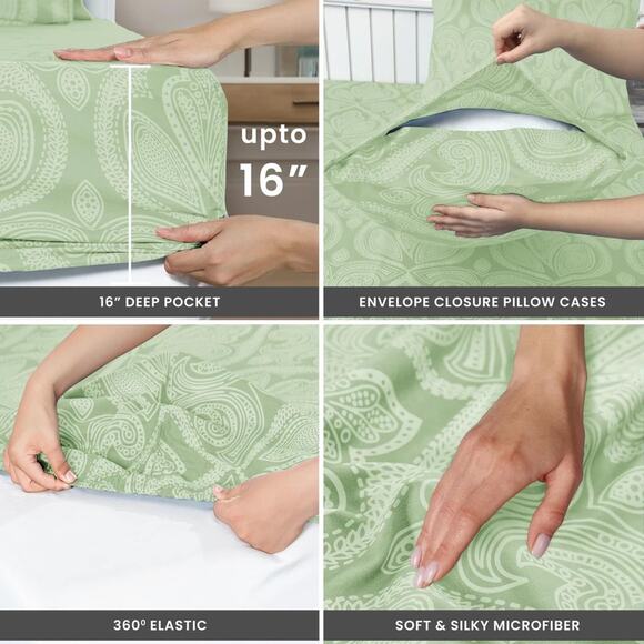 Lux Decor Collection Bed Sheets 6 Pc Queen Size Sheets 1800 Thread Count Green - Picture 2 of 6